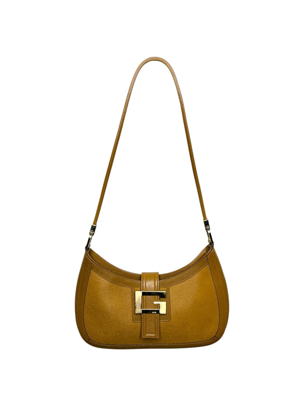 Gucci Tom Ford Era GG Buckle Shoulder Bag Camel Leather Purse Vintage Y2K Italy